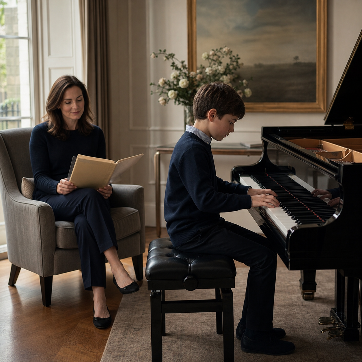 child playing piano independently while parent listens from nearby