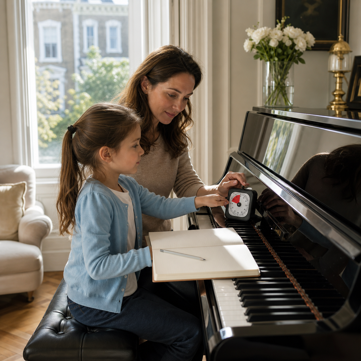 parent setting a short piano practice timer beside a young learner