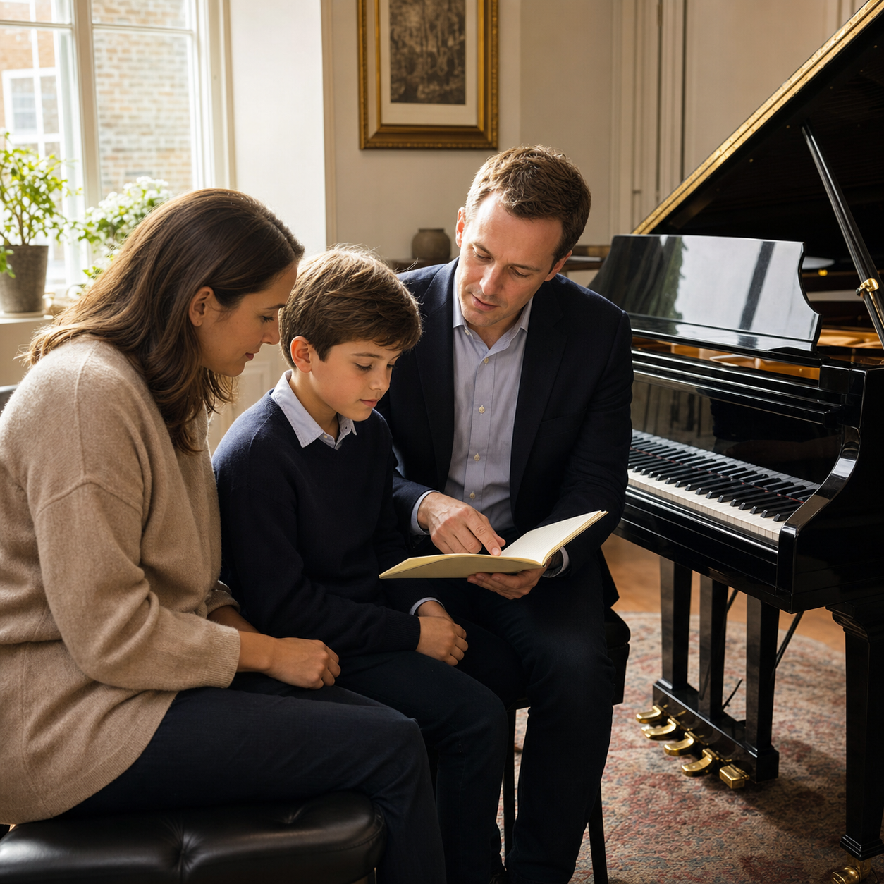 parent young pupil and piano teacher reviewing a weekly practice notebook