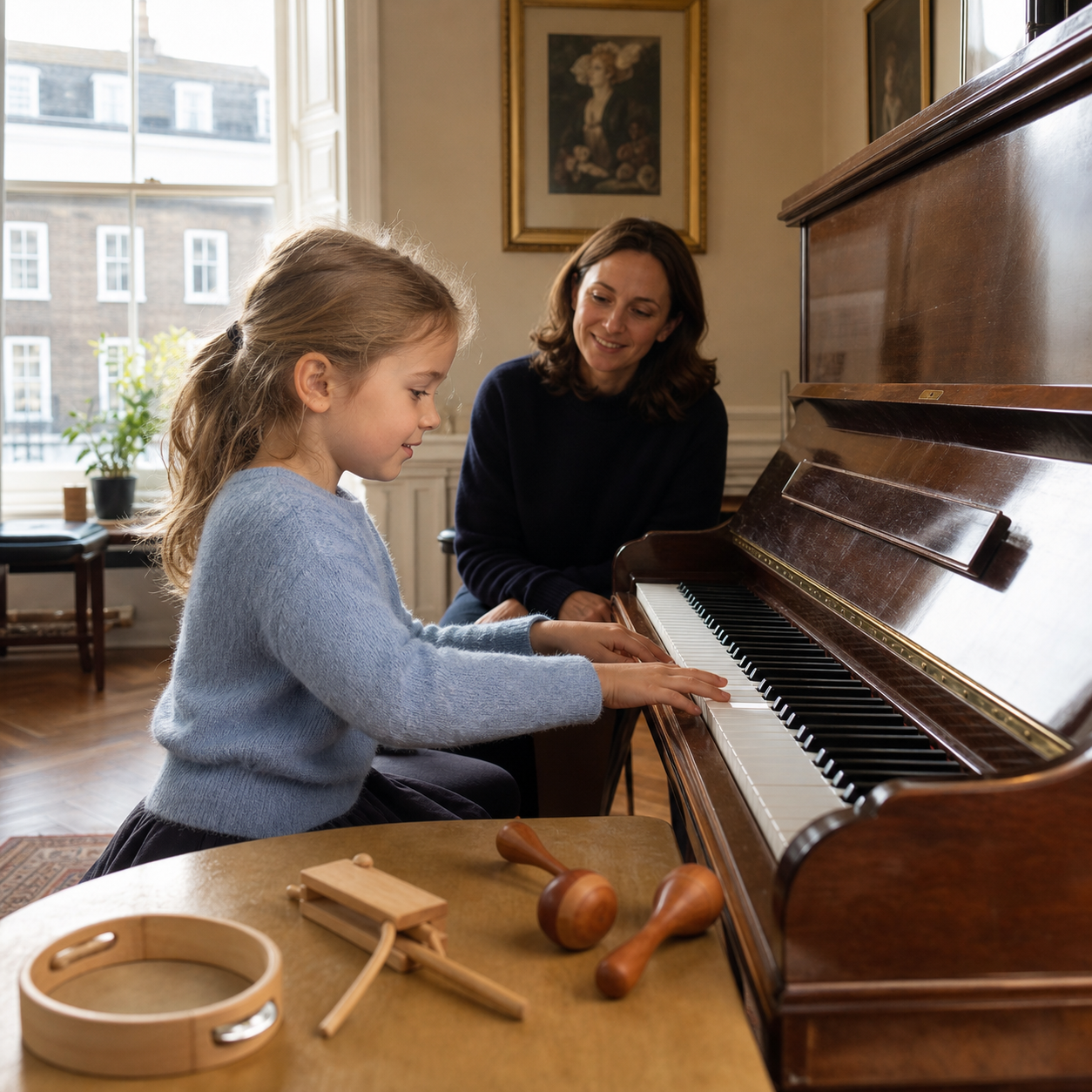 young piano prodigy exploring sound and rhythm with a supportive teacher