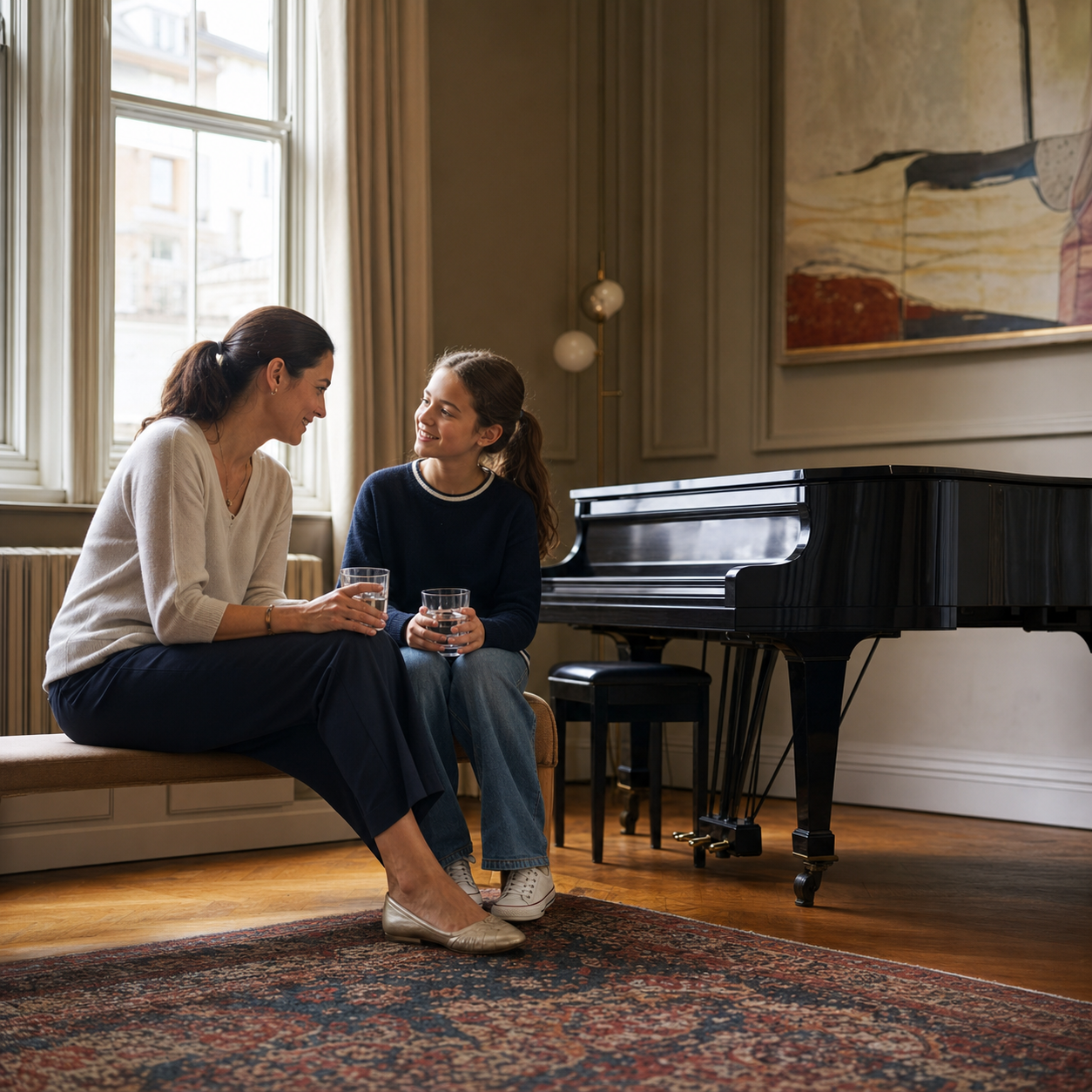 parent and gifted child taking a healthy break beside a grand piano