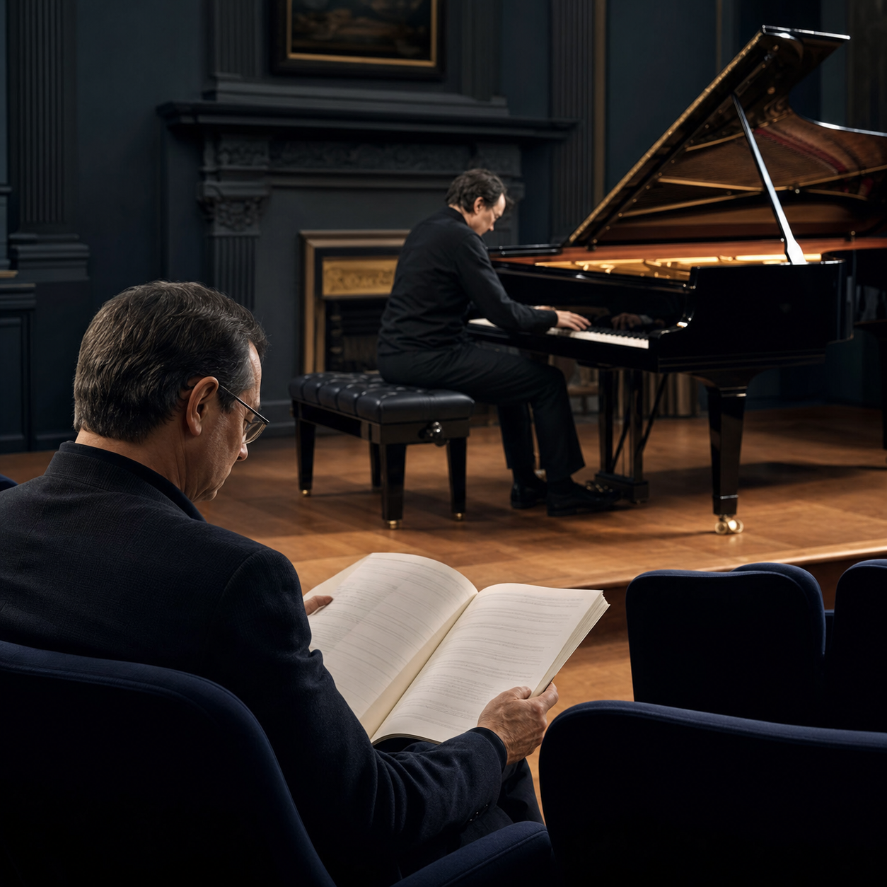 Adult listener following a score during a Pierre-Laurent Aimard piano recital