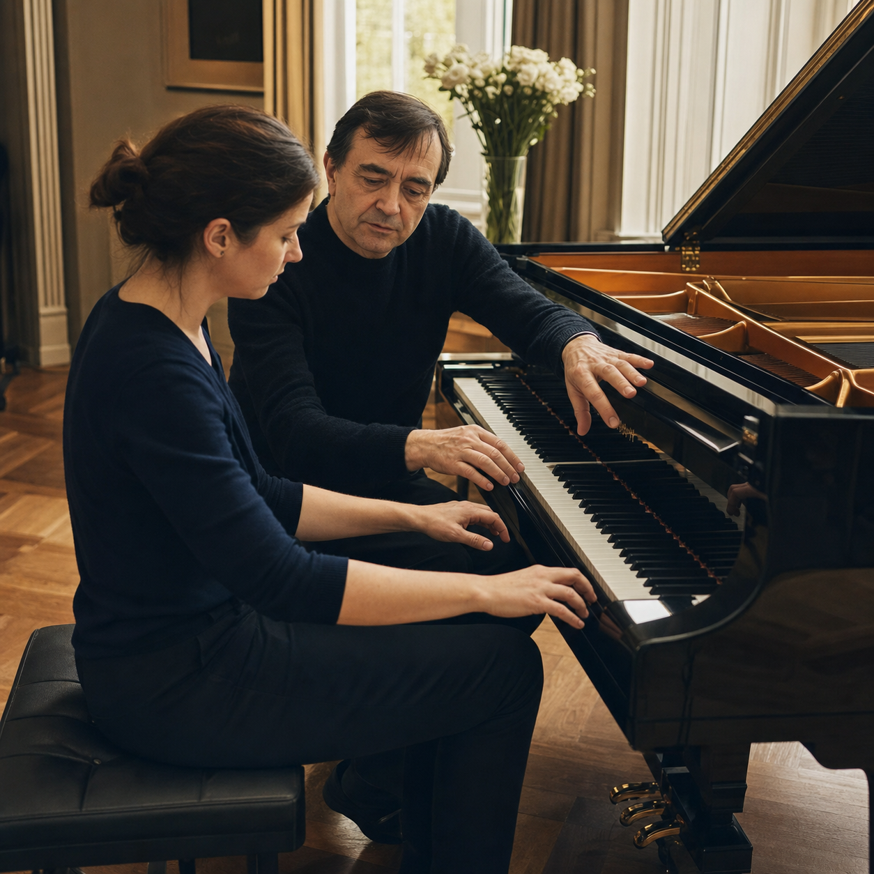 Experienced pianist guiding an adult learner in modern piano repertoire