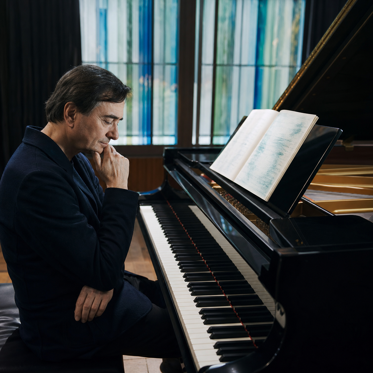 Pierre-Laurent Aimard studying a modern score beside a concert grand piano