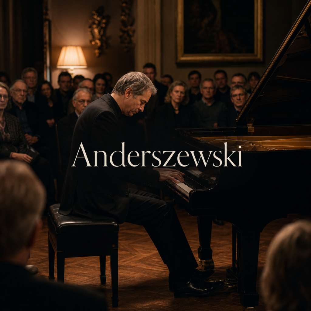 Piotr Anderszewski article hero with centred Anderszewski title at an intimate London recital grand piano