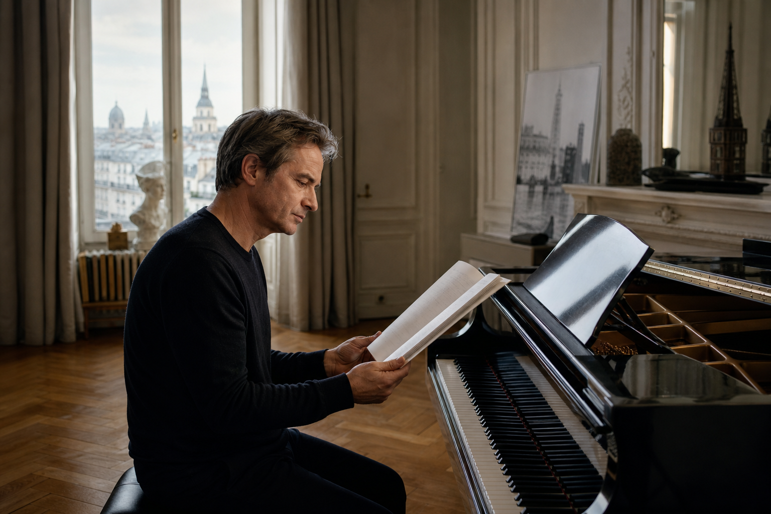 Piotr Anderszewski formation image with pianist studying an unmarked score beside a grand piano