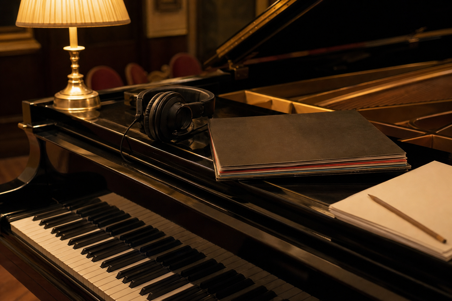 Piotr Anderszewski recordings listening table beside a grand piano with headphones and unlabelled records