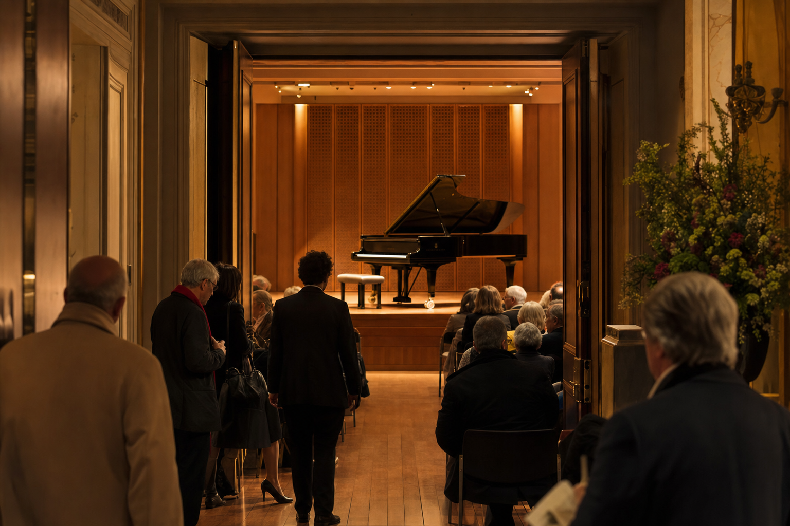 Piotr Anderszewski London recital evening with audience entering a refined piano hall