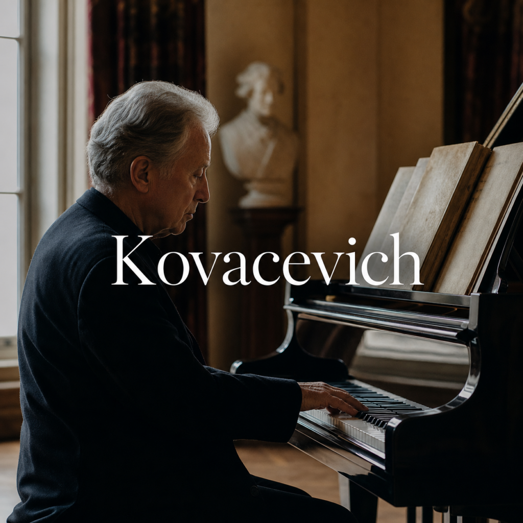 Stephen Kovacevich article hero with centred Kovacevich title beside a refined London recital grand piano