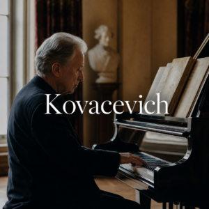 Stephen Kovacevich article hero with centred Kovacevich title beside a refined London recital grand piano
