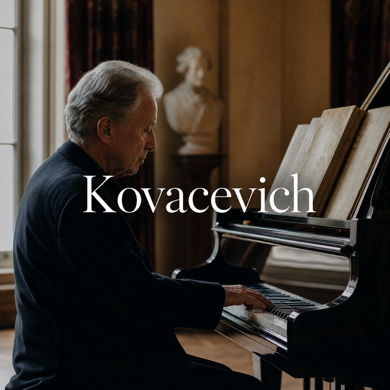 Stephen Kovacevich article hero with centred Kovacevich title beside a refined London recital grand piano