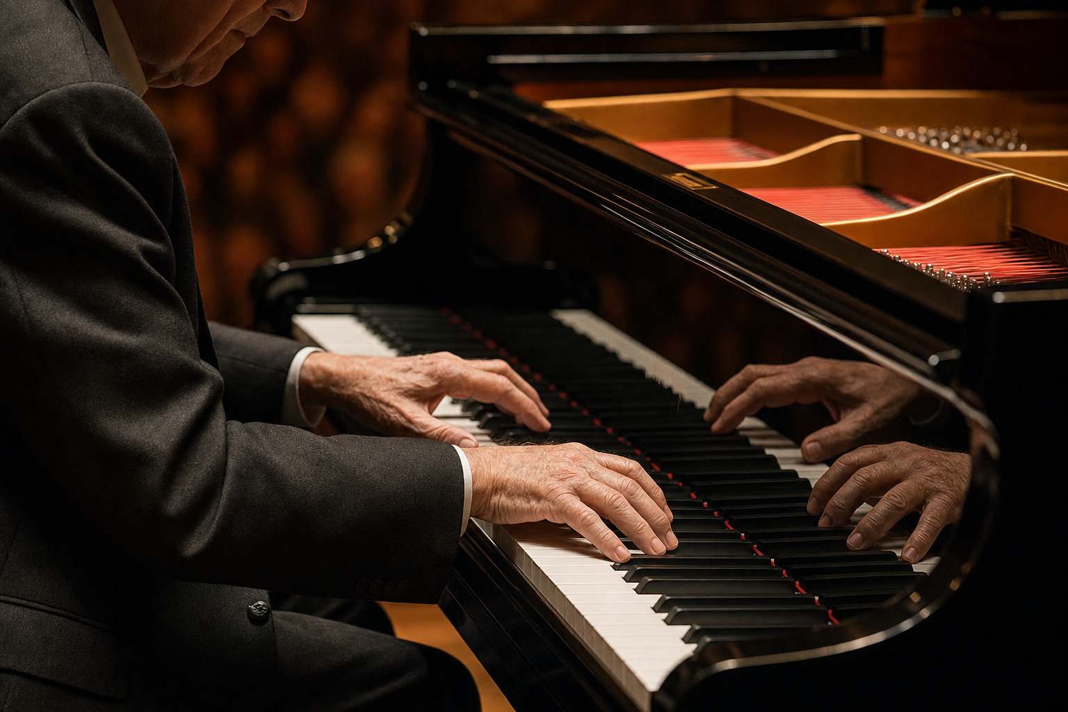 Stephen Kovacevich interpretive profile shown through mature hands at a complete grand piano keyboard
