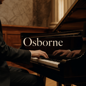 Steven Osborne pianist listening guide with centred Osborne title at a grand piano