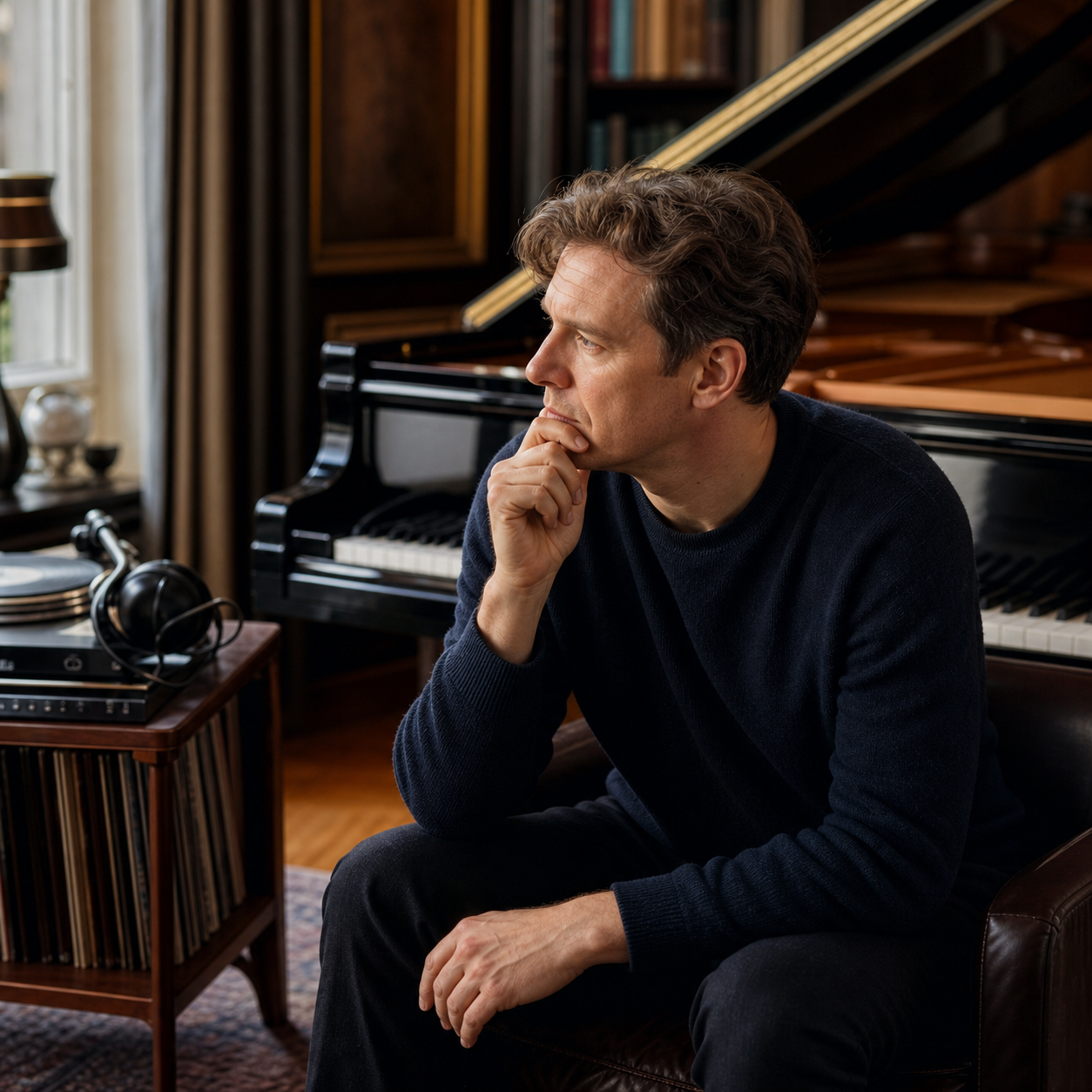Steven Osborne pianist recordings and serious listening beside a grand piano
