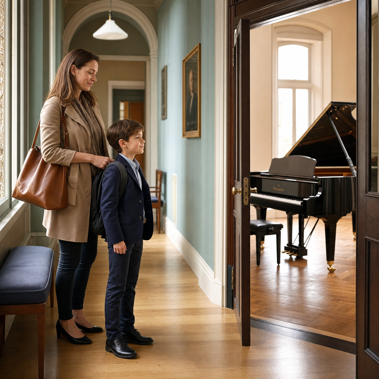 child arriving calmly for a first Trinity Initial piano assessment