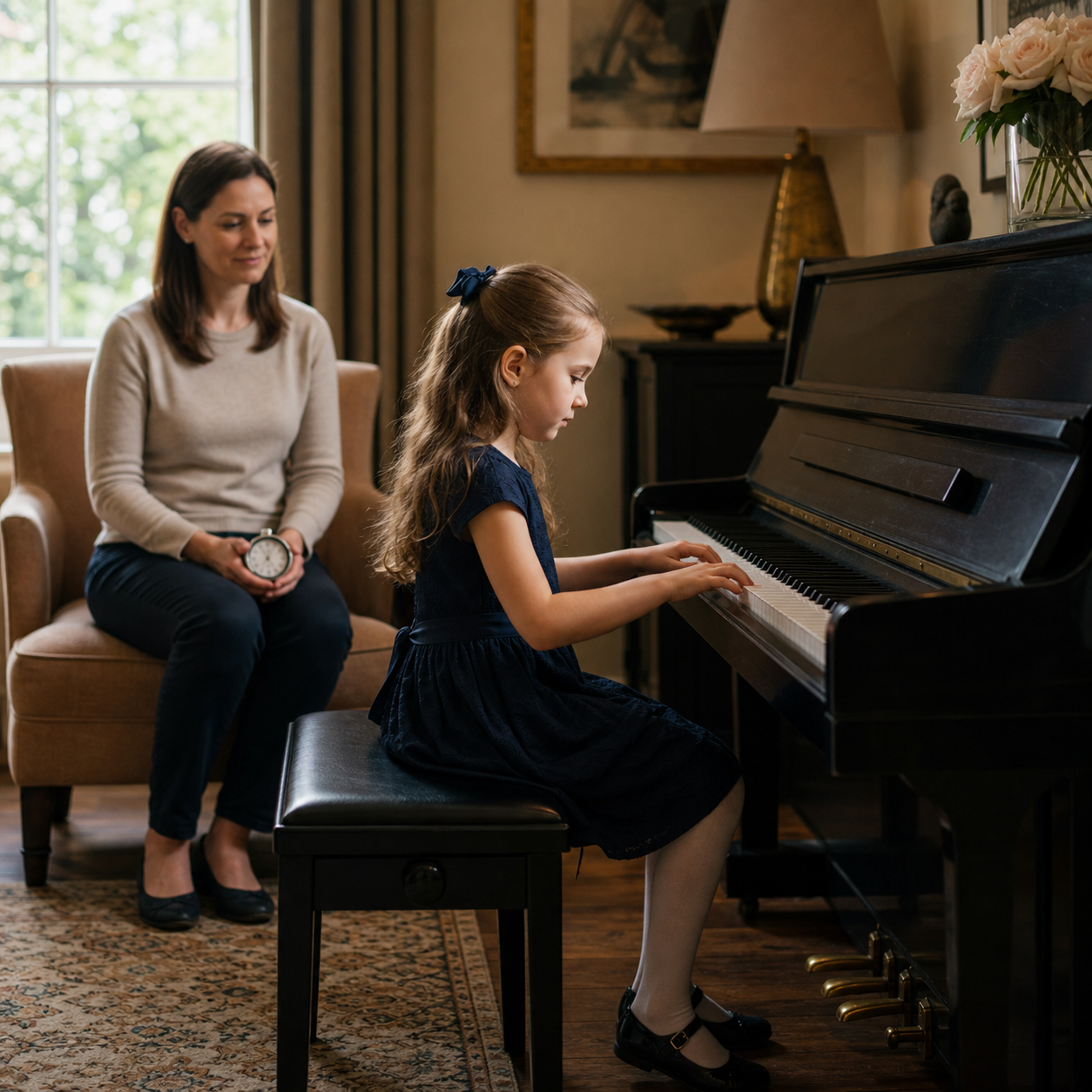 child practising a calm Trinity Initial piano mock exam at home
