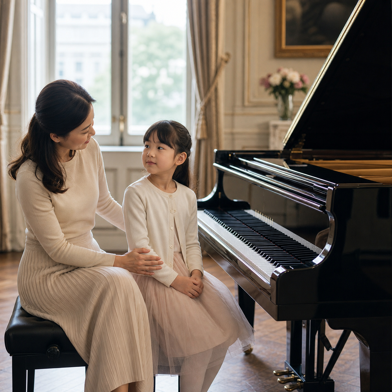 parent and child discussing Trinity Initial piano readiness beside a grand piano
