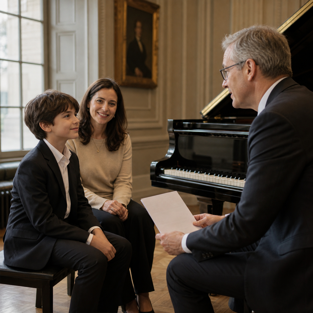 young pianist and parent receiving constructive competition feedback
