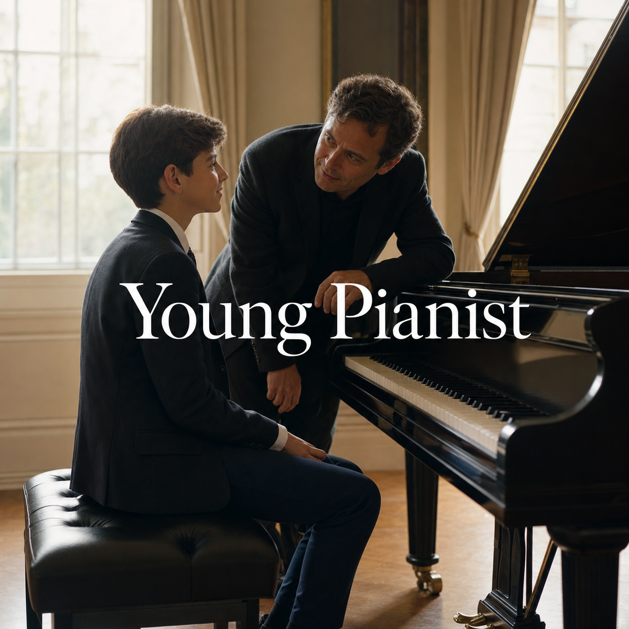 young pianist competition preparation with a supportive parent beside a grand piano
