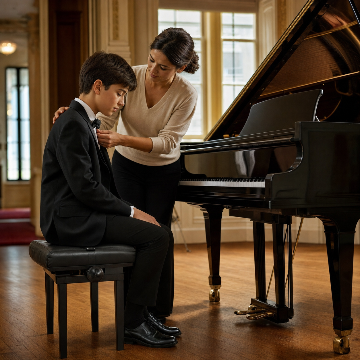parent calmly supporting a child on young pianist competition day