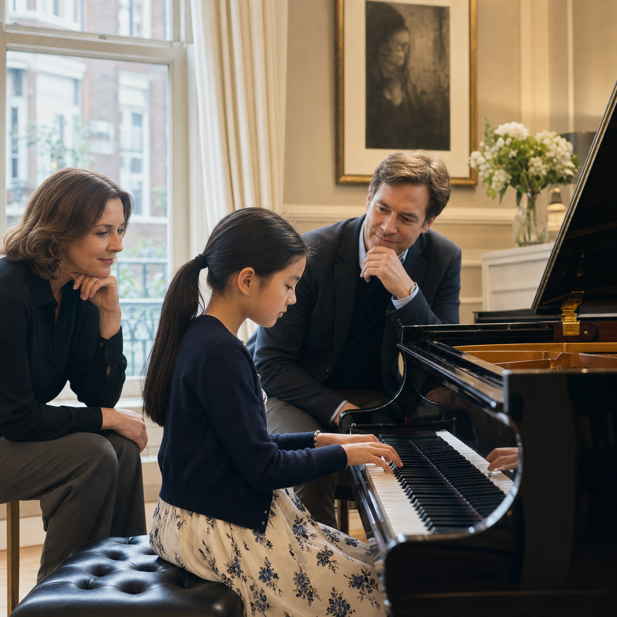parent and teacher assessing readiness for a young pianist competition
