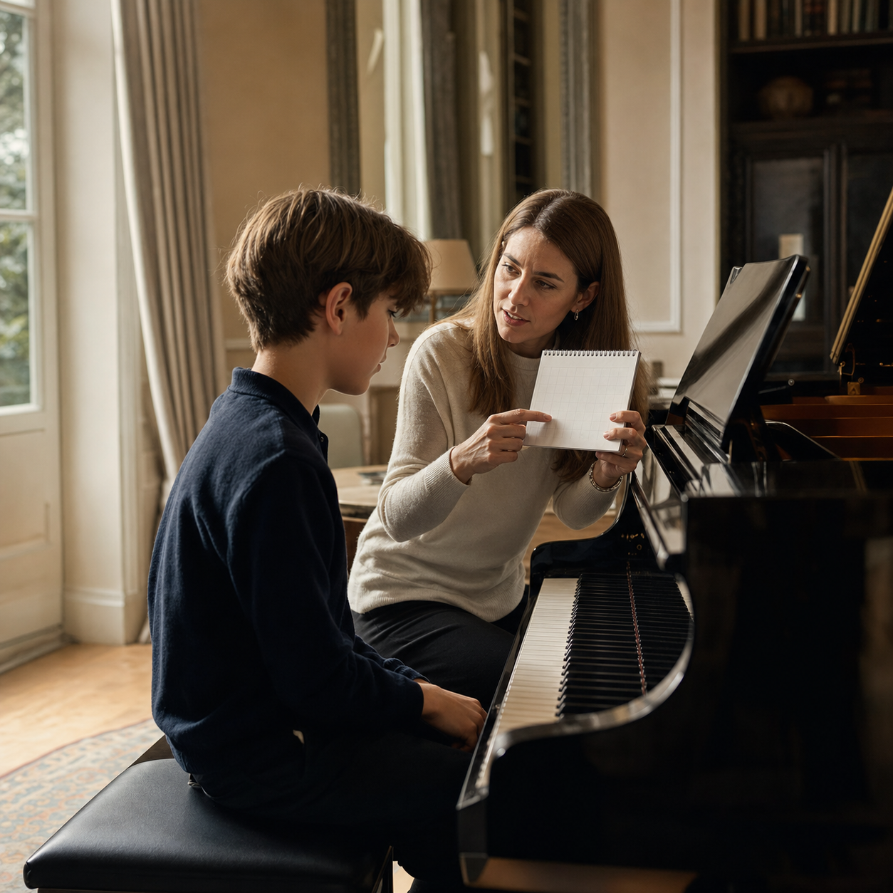 teacher planning a healthy young pianist competition timeline with a pupil