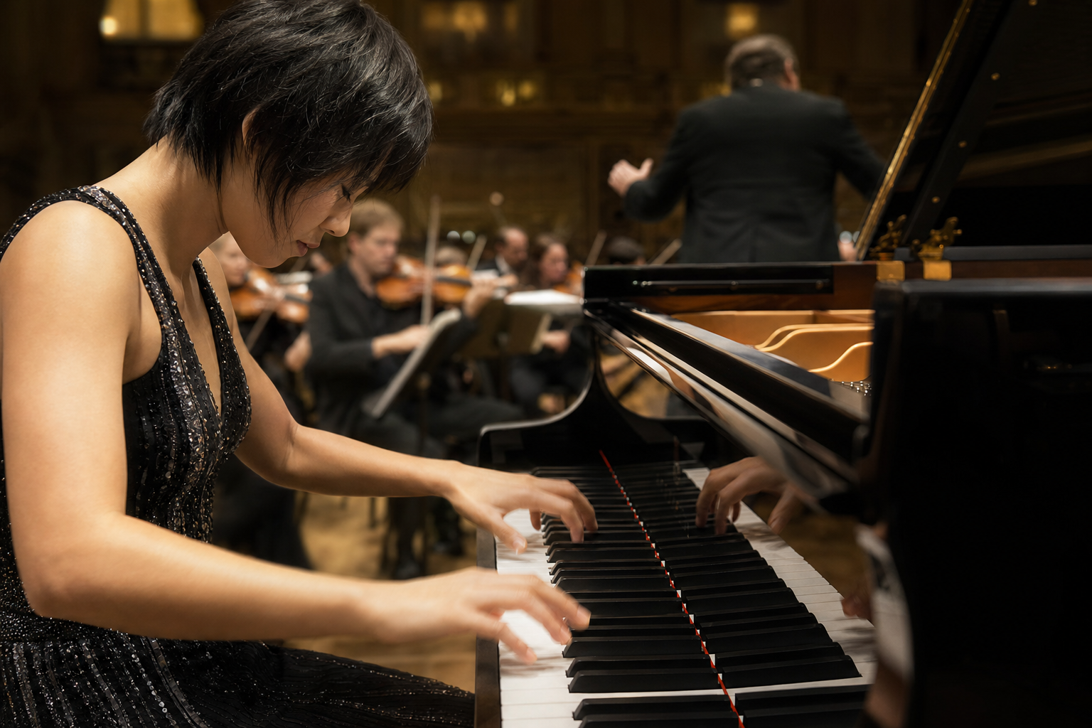 Pianist hands in concerto rehearsal for Yuja Wang repertoire and artistic profile