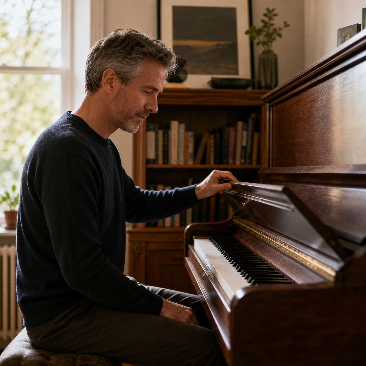 Adult pianist reopening an upright piano before a first returning session