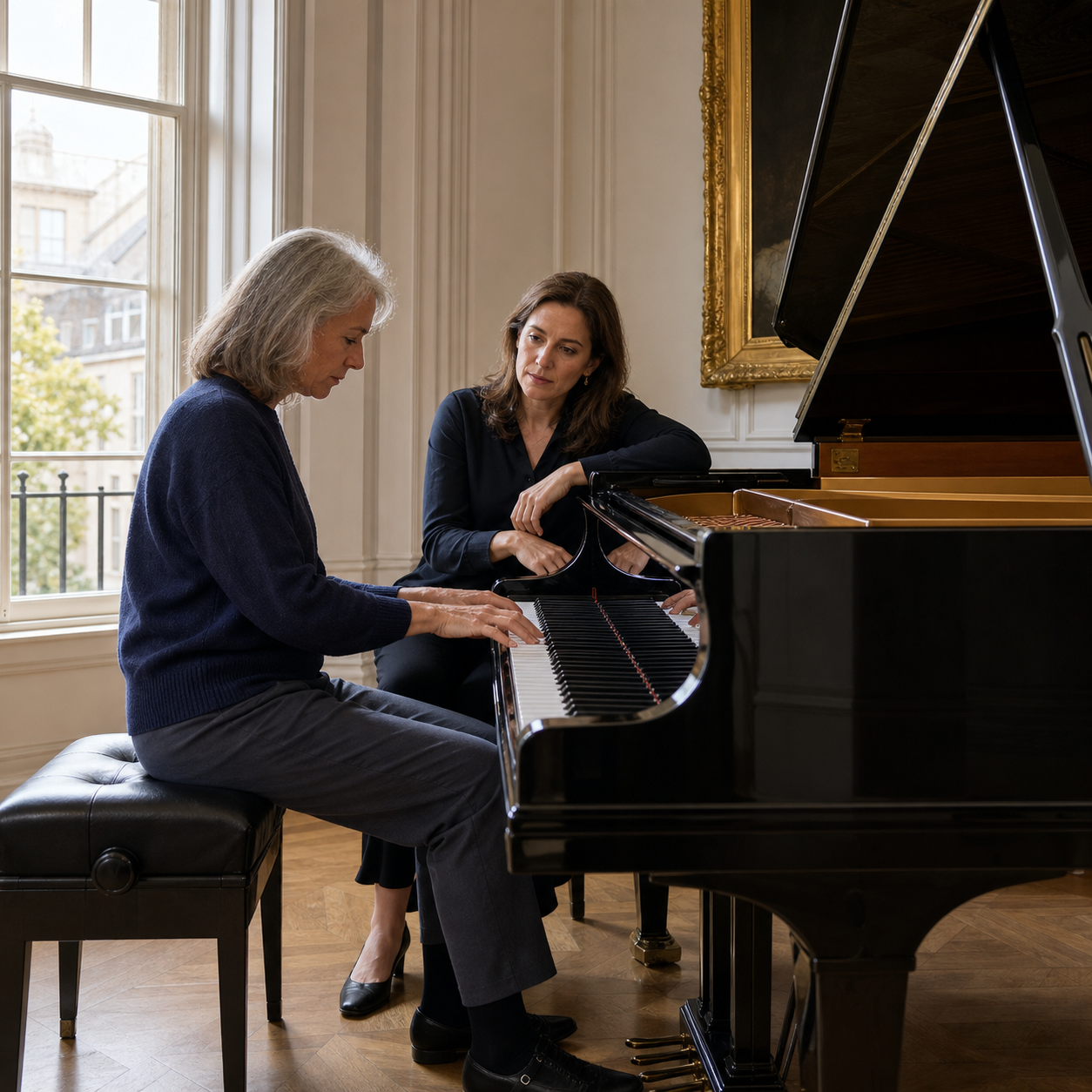 Teacher guiding an adult returning to piano after years away