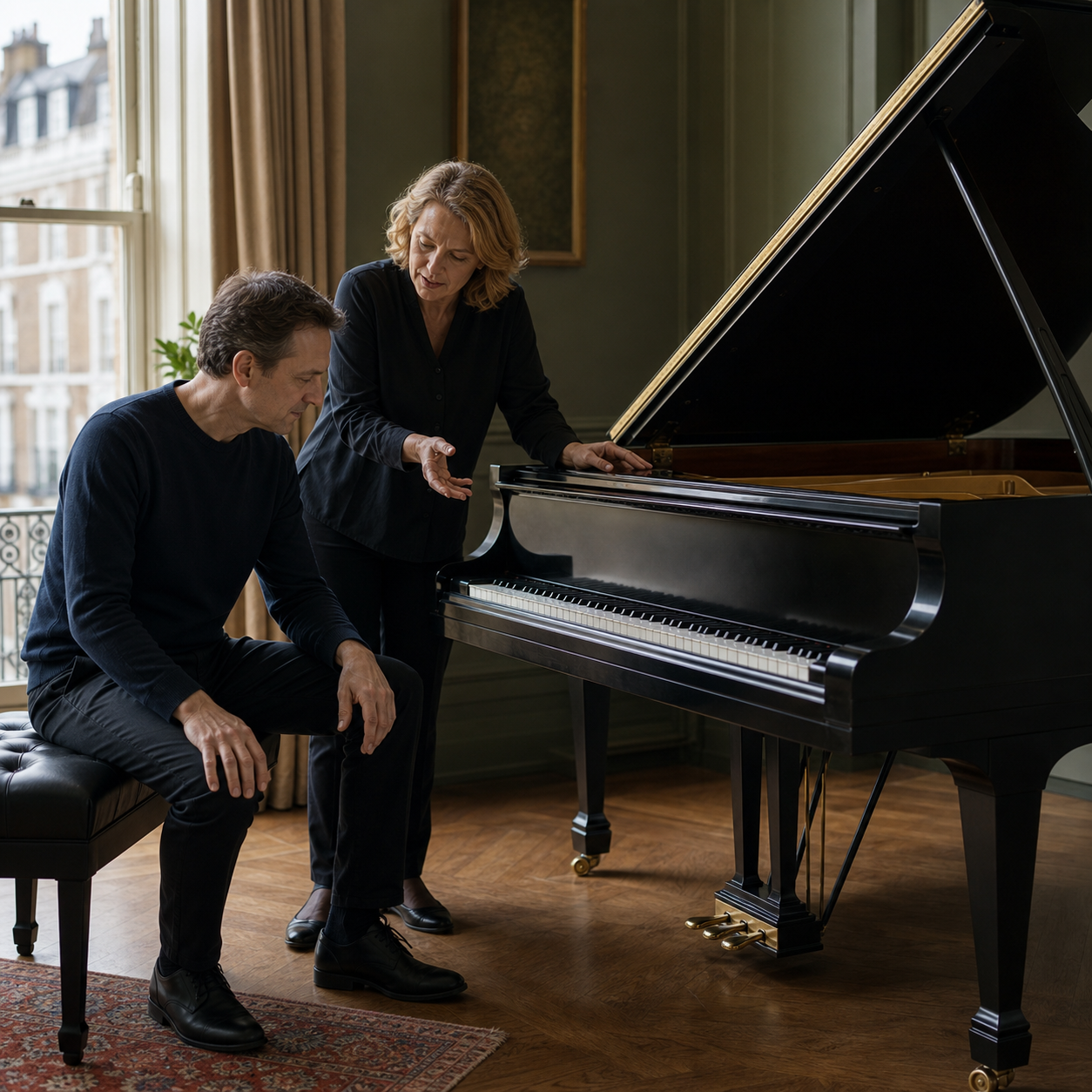 Serious listening inspired by Alexander Melnikov Adult pianist and teacher listening closely beside a grand piano in London