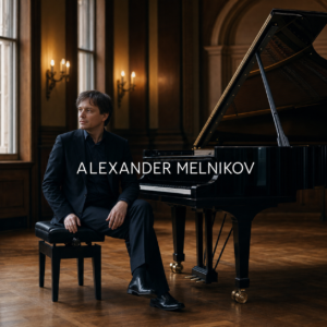 Alexander Melnikov at a grand piano in a refined London recital hall