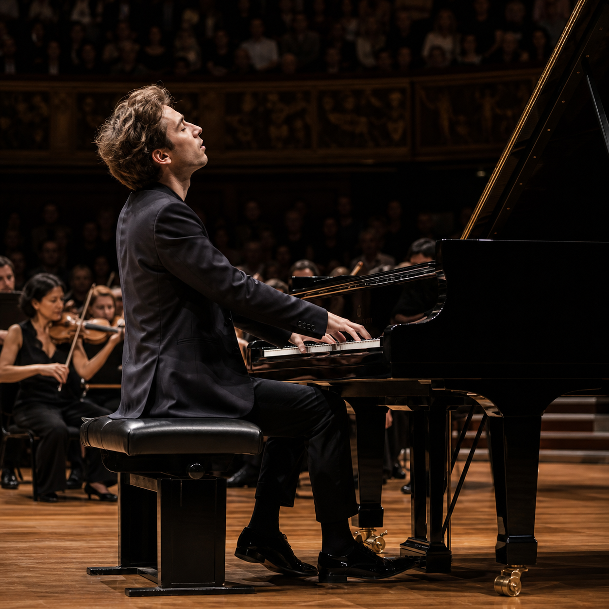 Pianist projecting a concerto line across a London hall