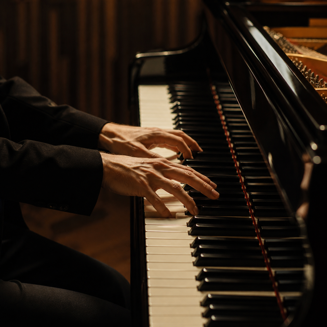Close view of a concert pianist voicing a powerful chord