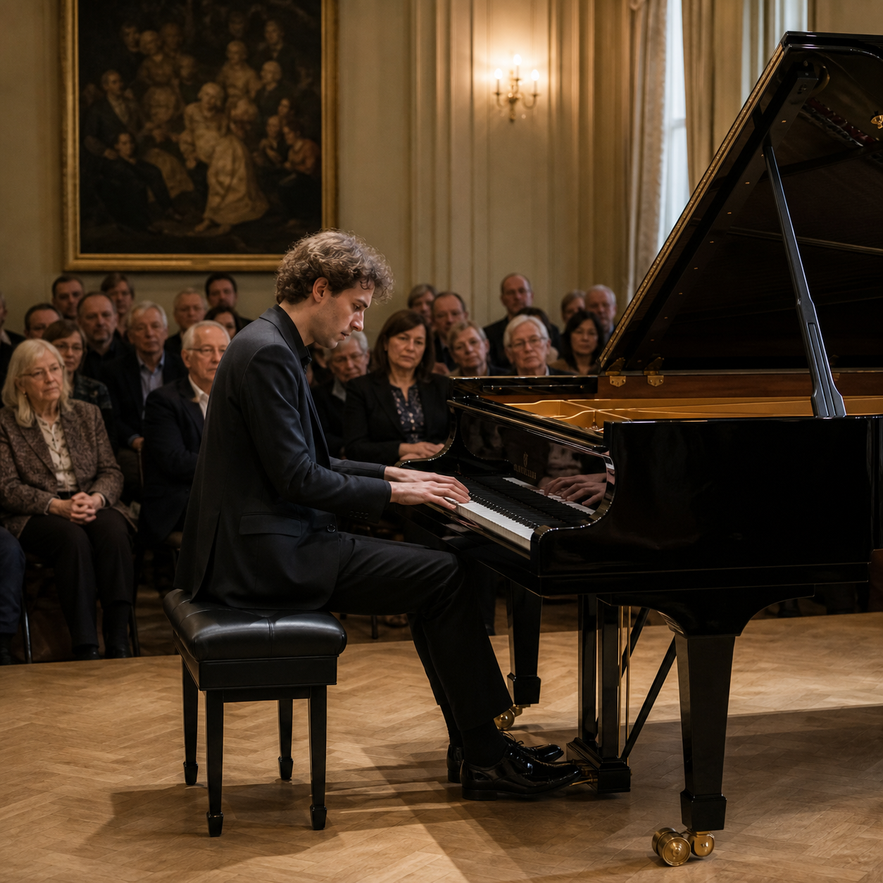 London audience listening closely during a piano recital