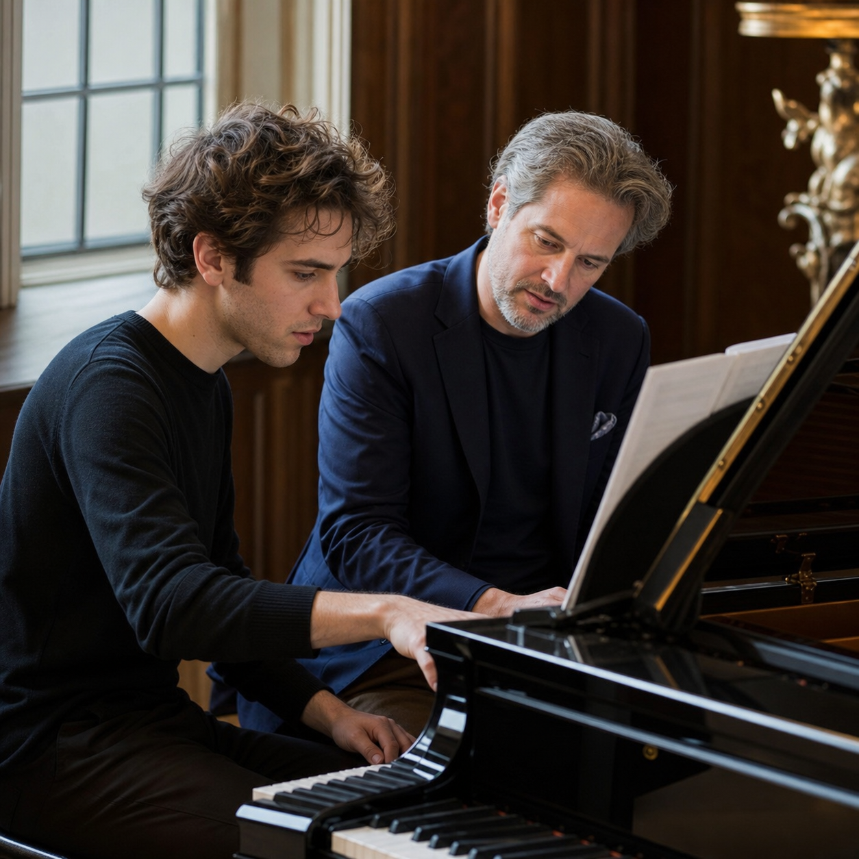 Piano teacher and learner comparing a score with the keyboard
