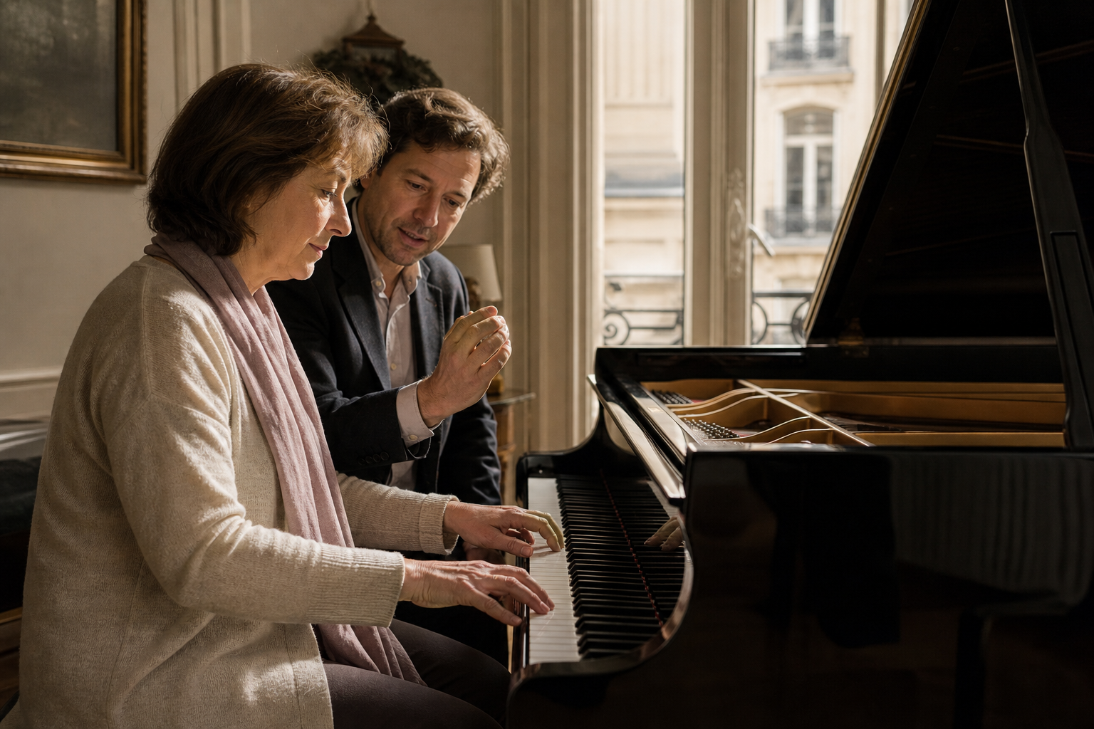 Adult beginner receiving a serious first piano lesson