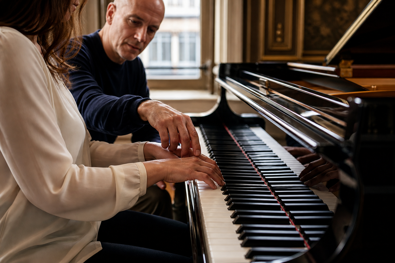 Piano teacher guiding adult hand position and relaxed technique