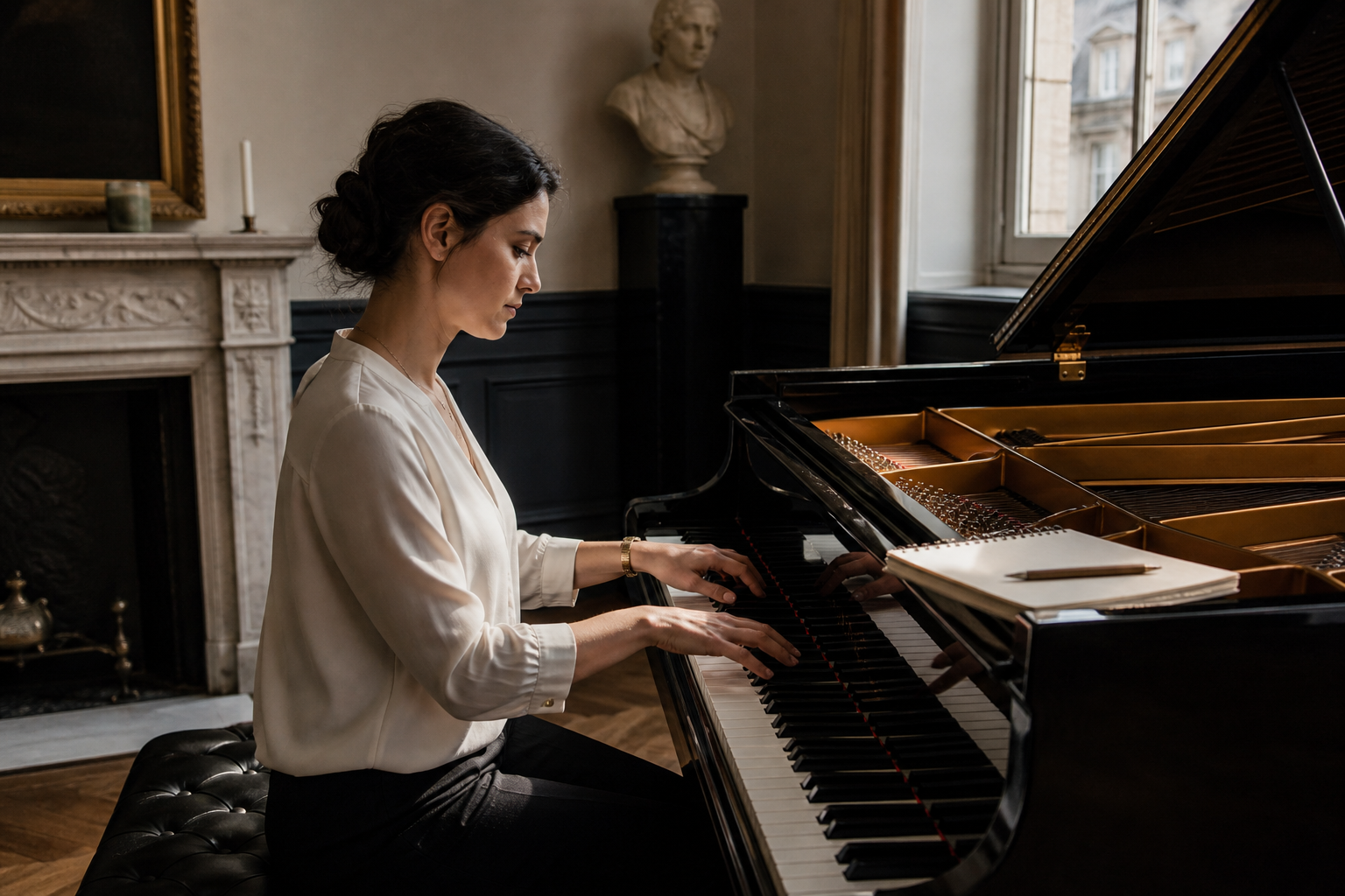 Adult learner practising piano slowly with lesson notes