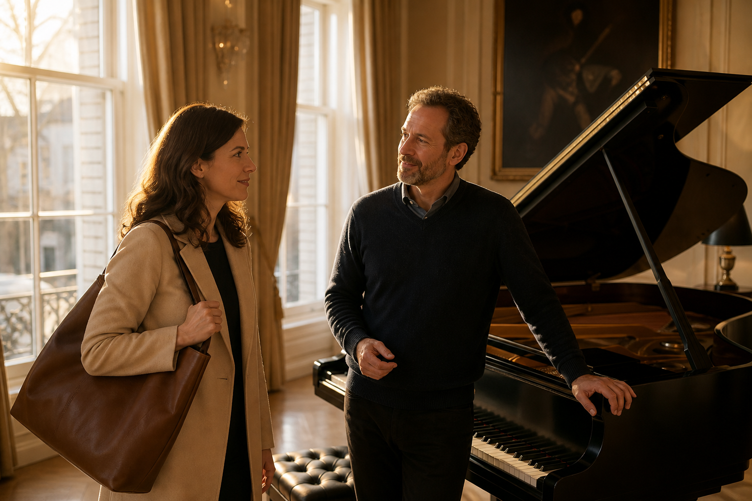 Adult learner finishing a piano lesson with a clear next step