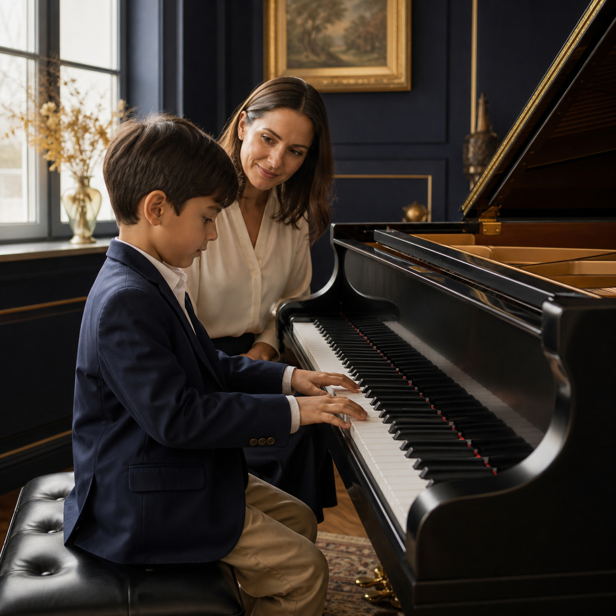 Child coordinating both hands at the piano during active music learning