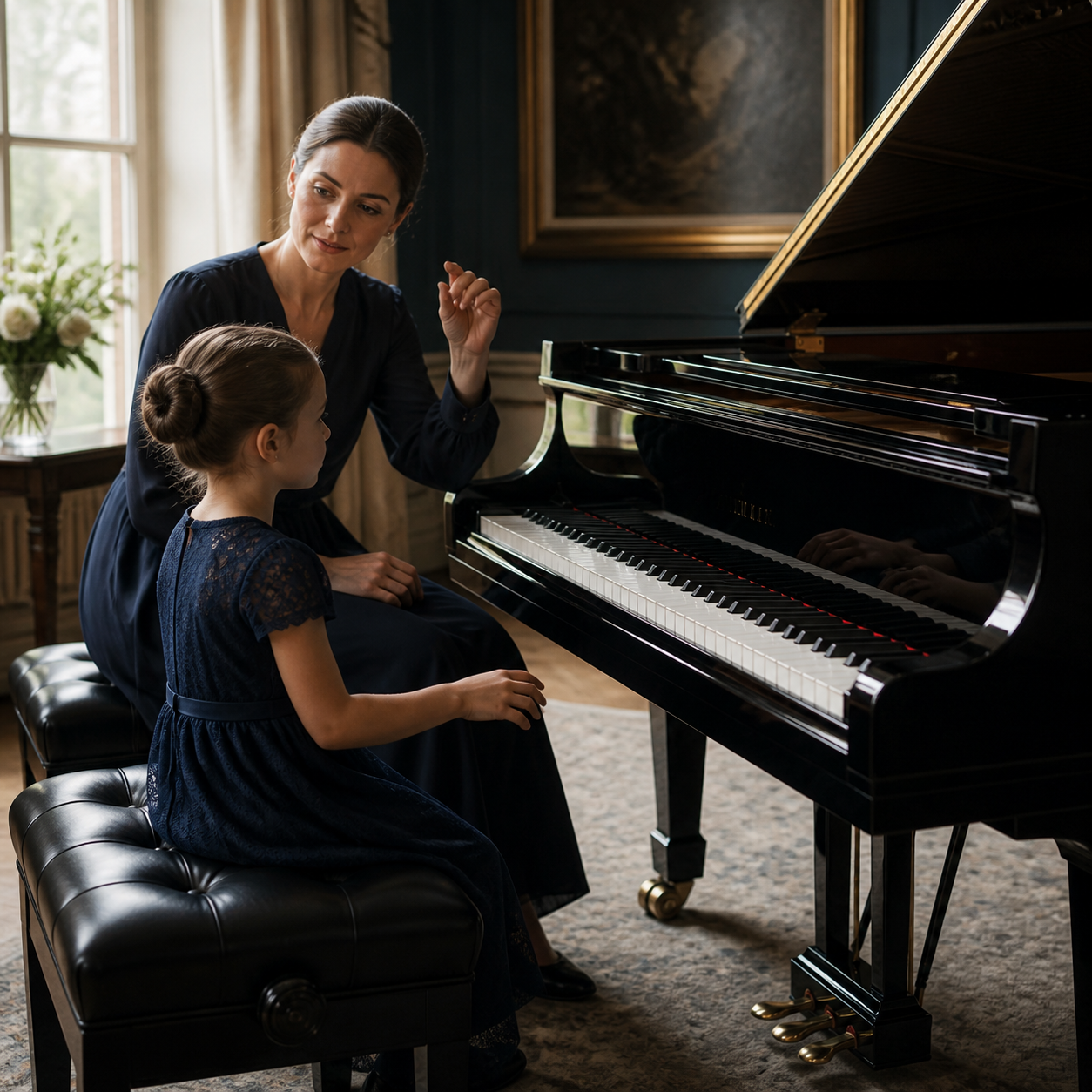 Child listening closely during a piano lesson about the benefits of music for the brain