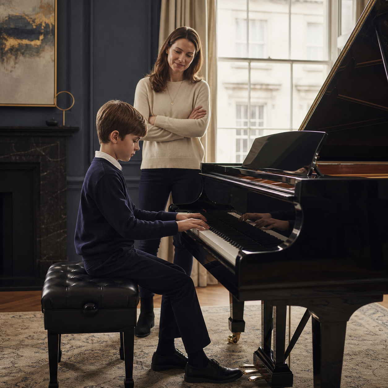 Parent supporting a child’s calm and confident piano learning at home