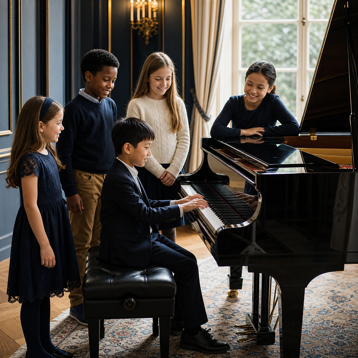 Children sharing a supportive piano performance and listening experience