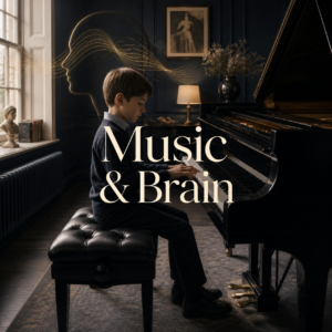 Benefits of music for the brain shown through a child playing piano in a London studio