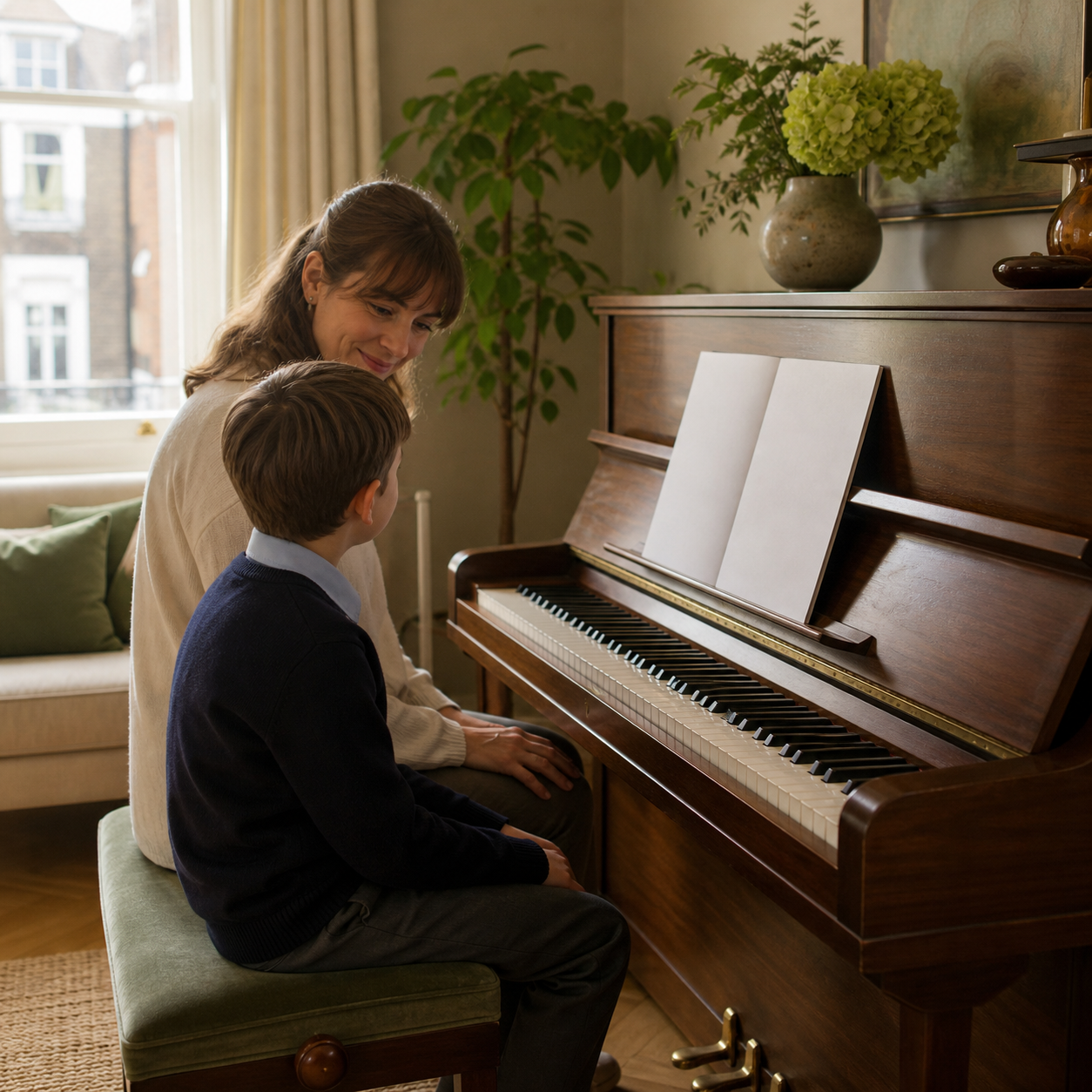 Parent supporting a child's calm weekly piano practice routine