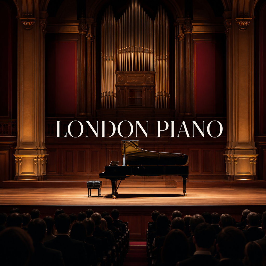 Classical piano concerts in London represented by a grand piano on a concert-hall stage
