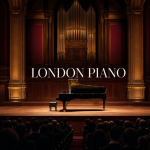 Classical piano concerts in London represented by a grand piano on a concert-hall stage