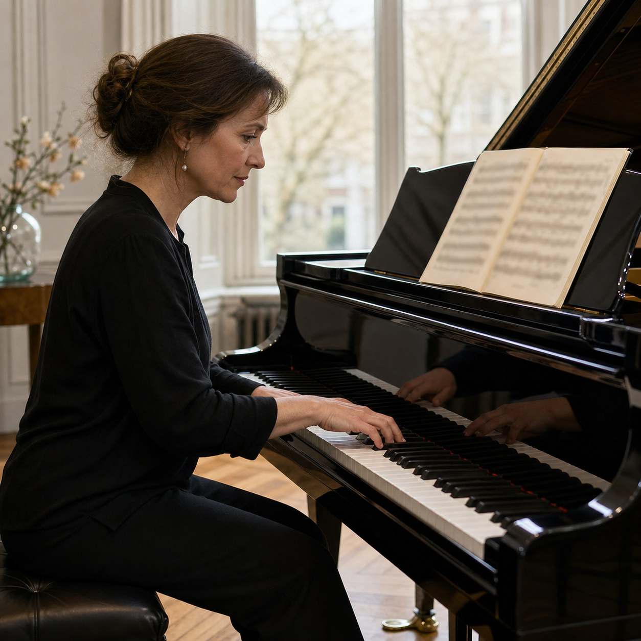 Adult learner comparing musical notation with hand movement
