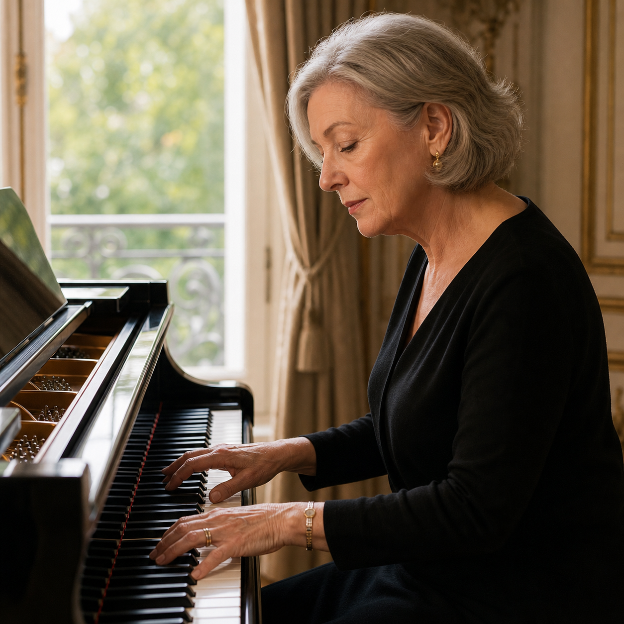 Older adult practising a short piano passage with concentrated listening