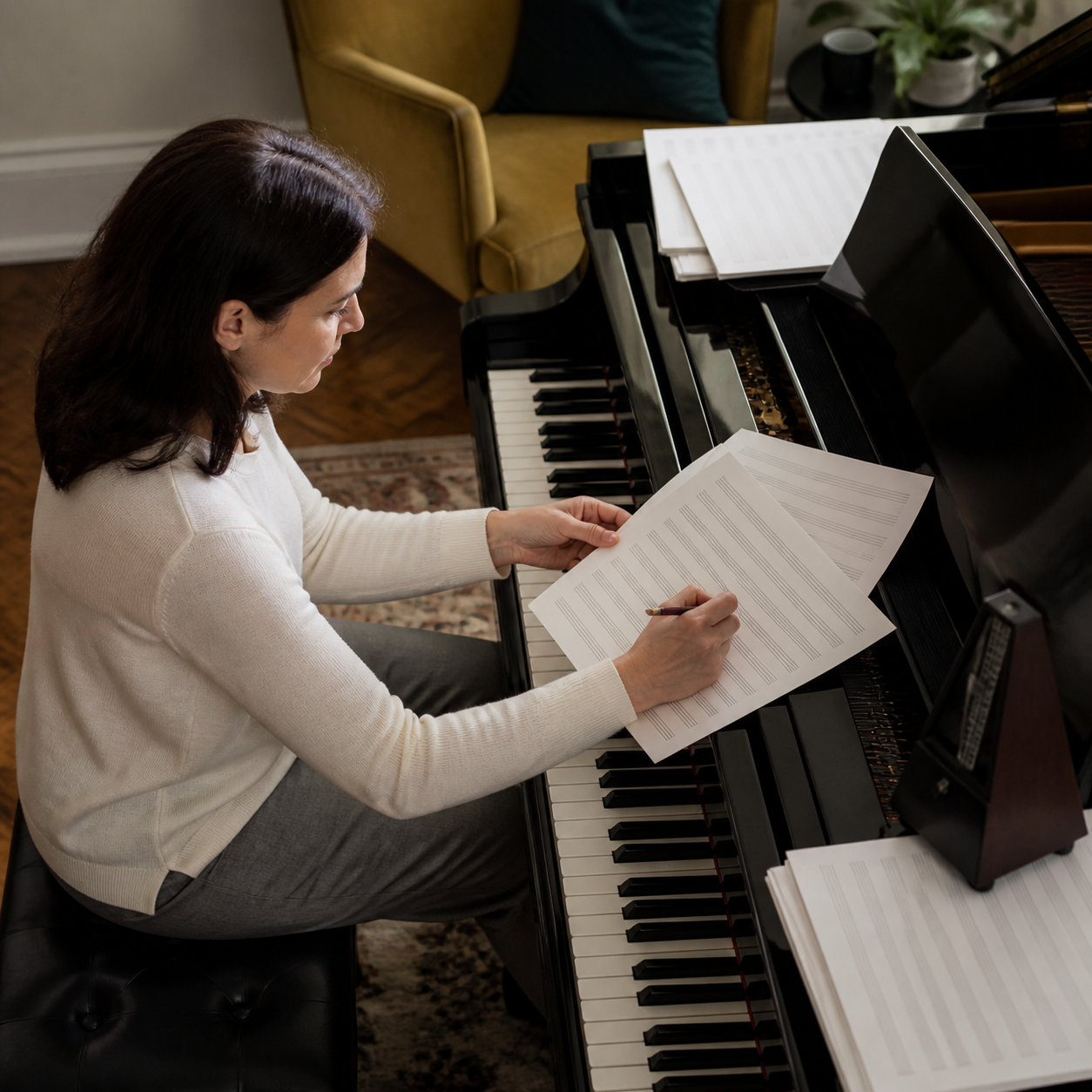 Adult pianist planning varied musical tasks for the week